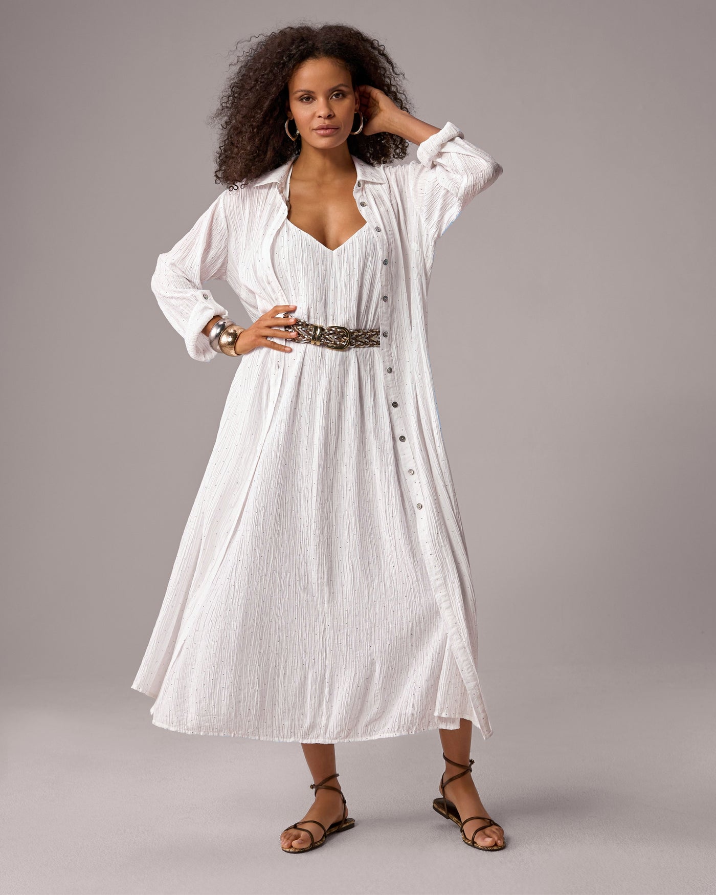 Scattered Rhinestone Embellished Duster White