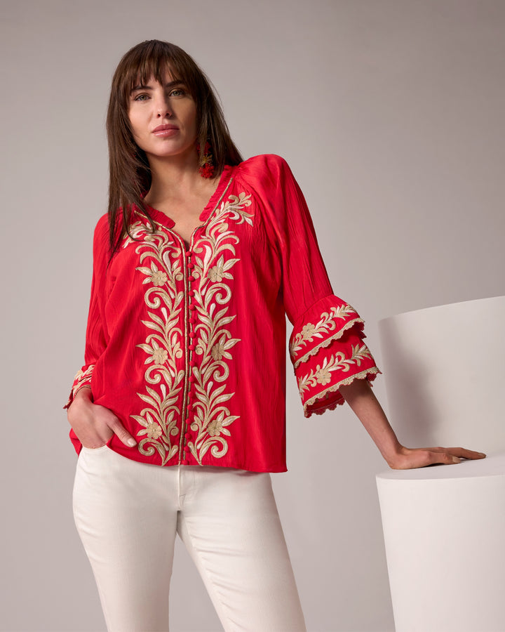 Embroidered Boho Ruffle Flare Sleeve Blouse Tomato Red