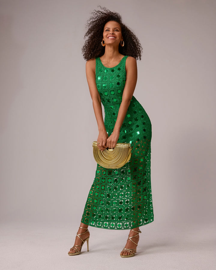 High Neck Crochet Mirror Maxi Dress Monaco Green