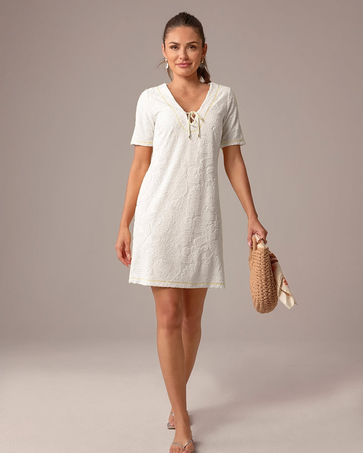 Textured Beach Terry Tie Front Shirt Dress Off White