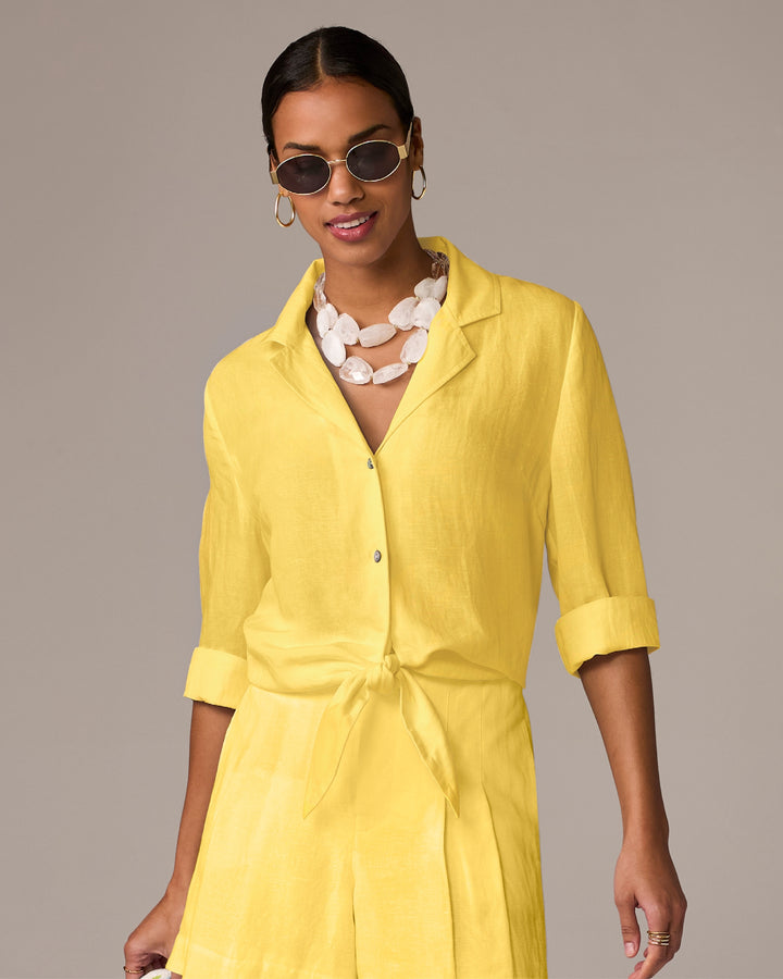 Linen Notched Collar Tie Front Shirt Lemon Drop