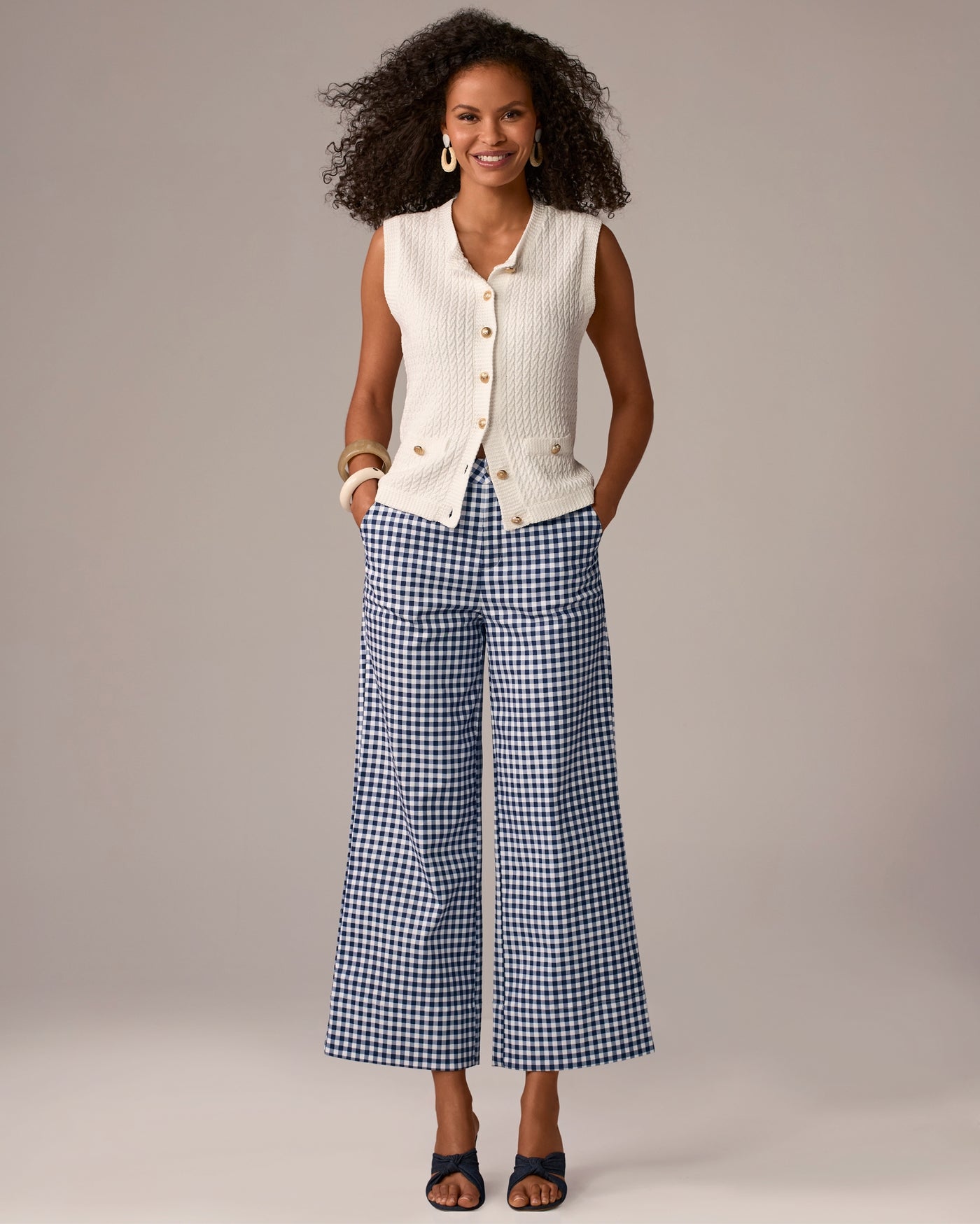Ankle Length Wide Leg Gingham Twill Pant Navy/White