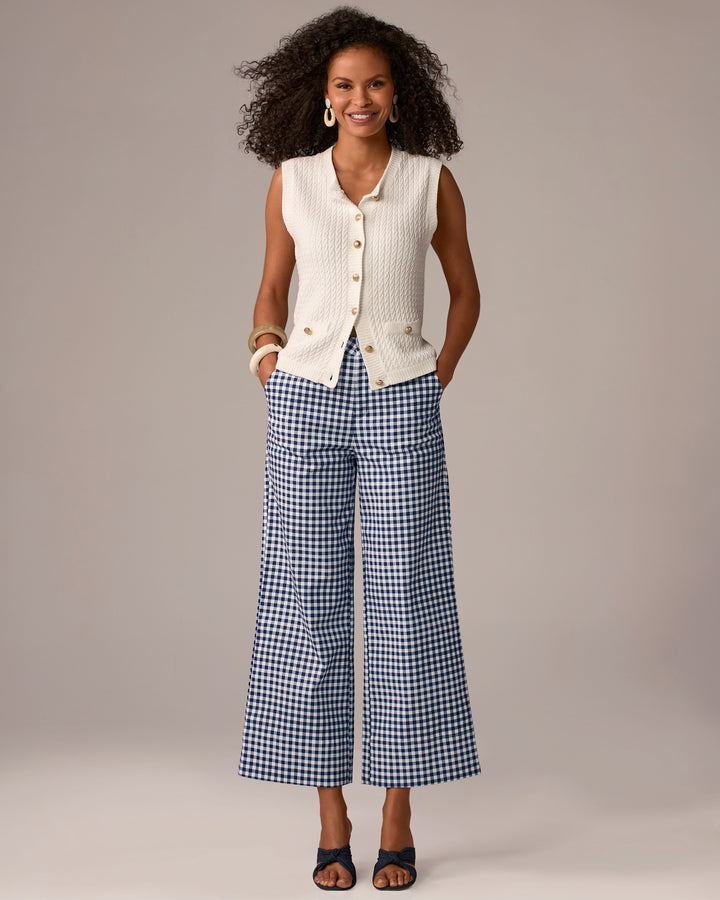 Ankle Length Wide Leg Gingham Twill Pant Navy/White