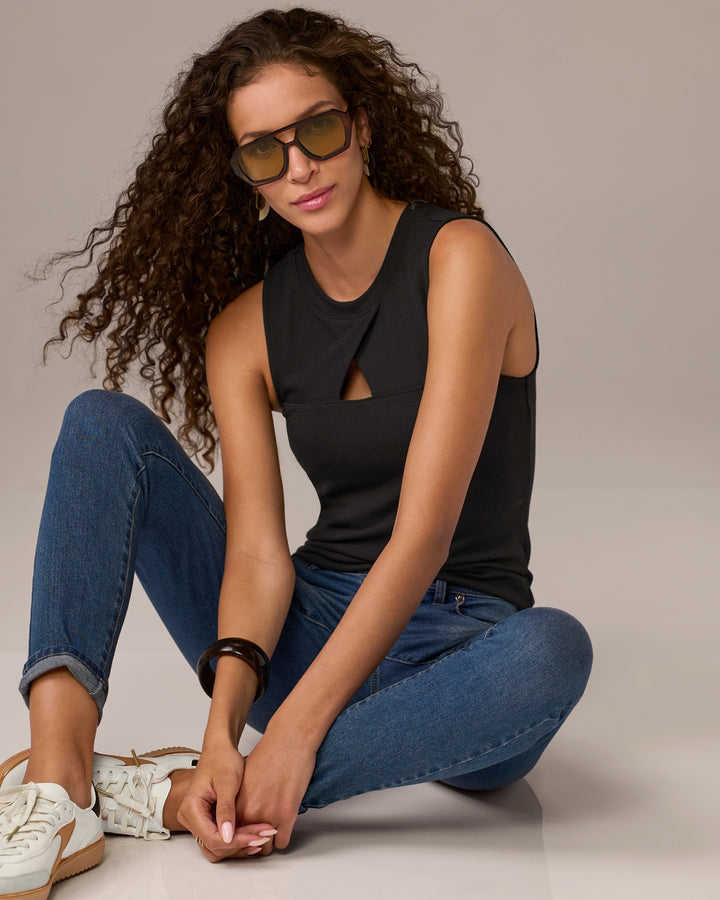 So Essential Cut Out Crew Neck Knit Top Black