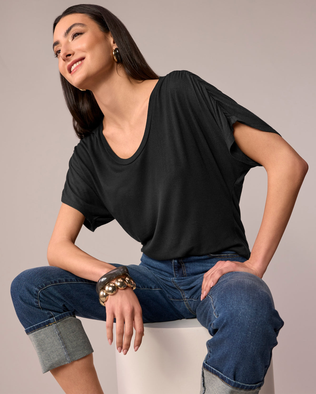 Ruched Sleeve T Shirt Proper Black
