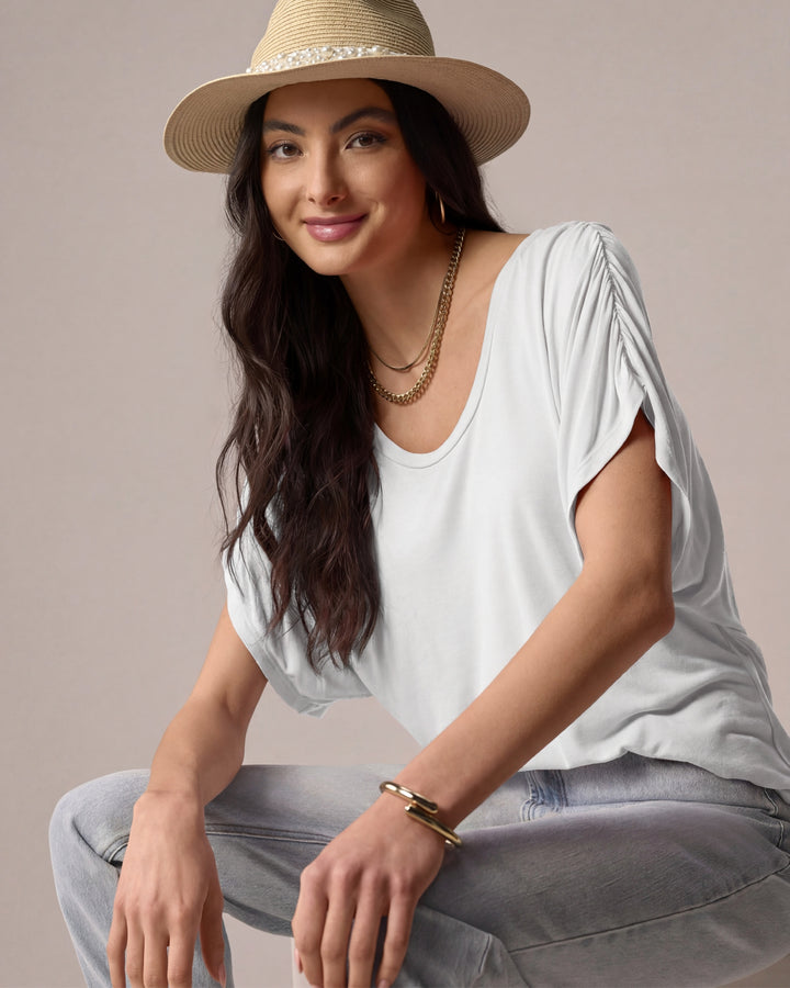 Ruched Sleeve T Shirt Pure White