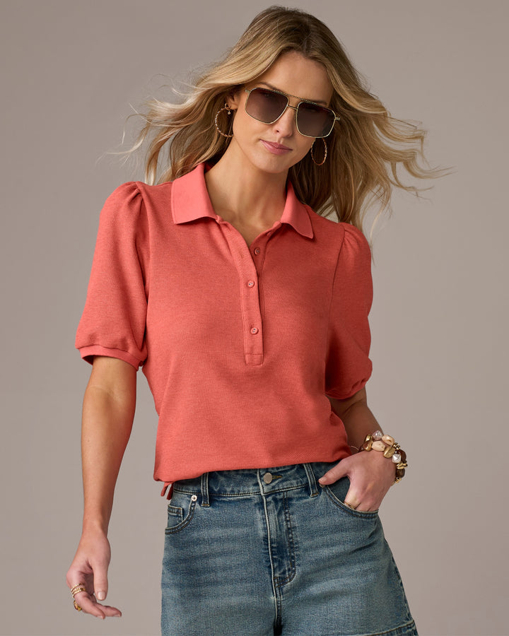 Puff Sleeve Pique Polo Shirt Shell Pink