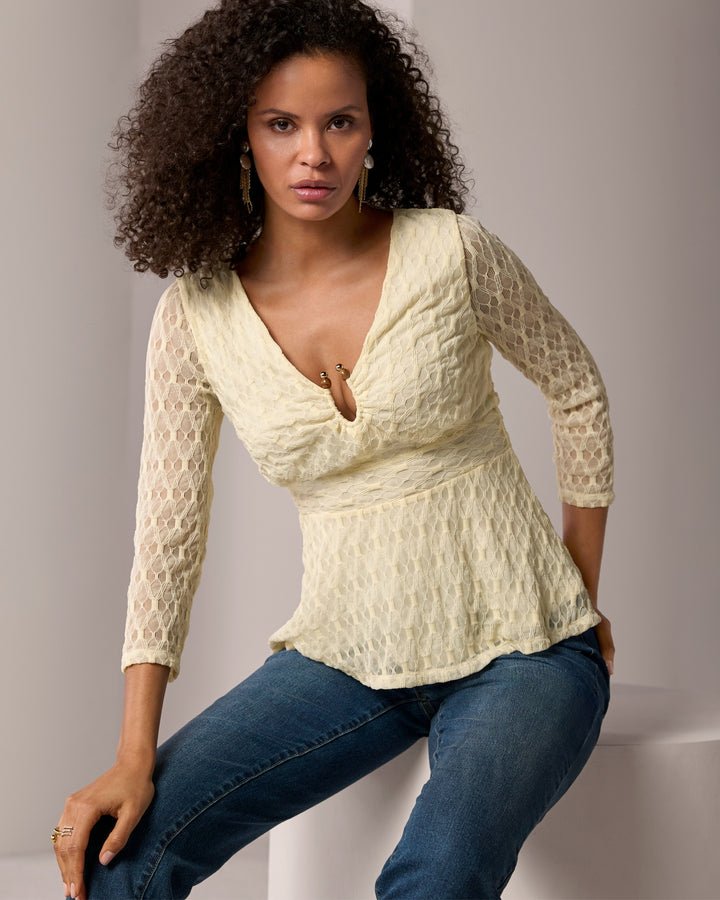 Textured Knit Top with Beaded Neck Detail White Swan