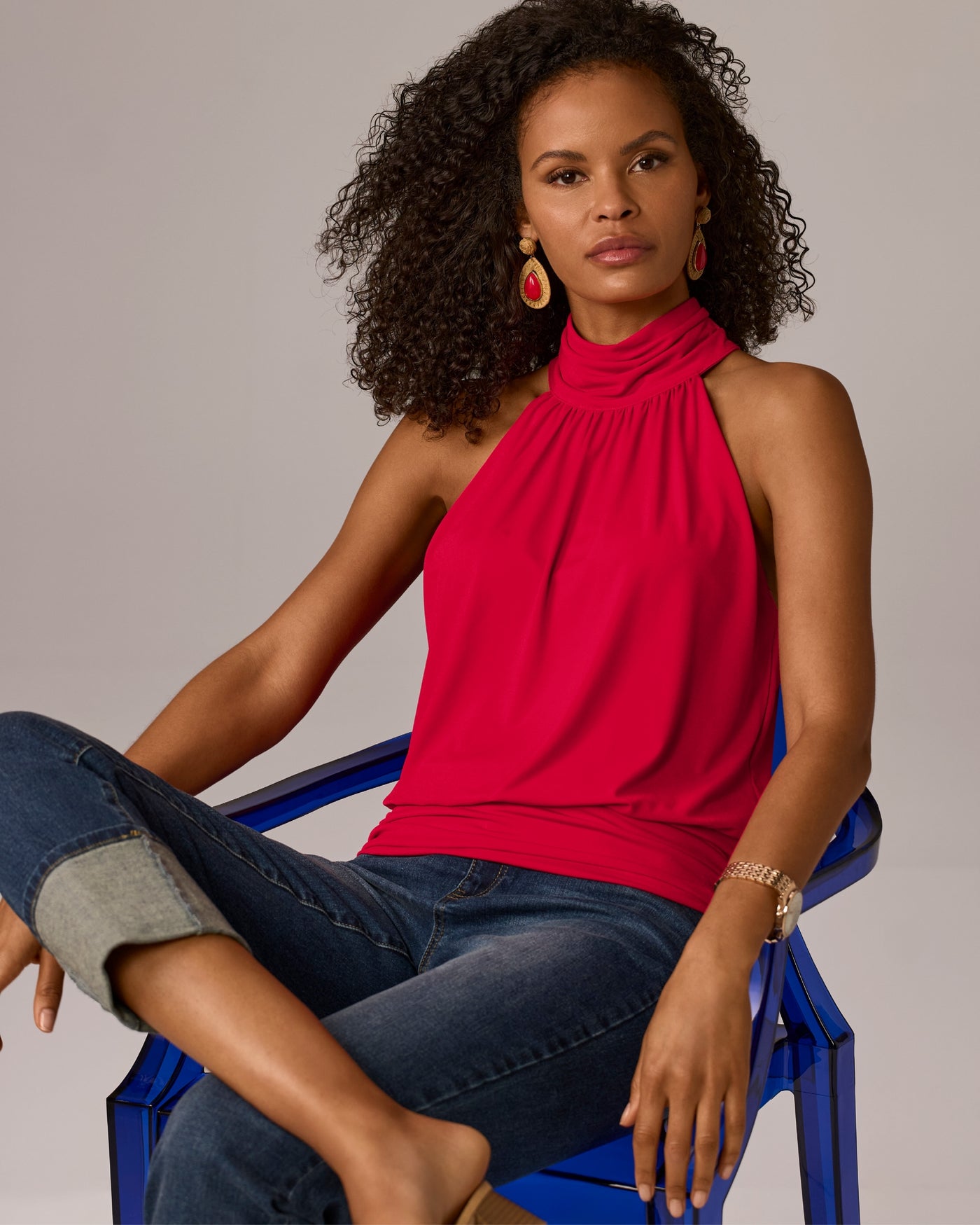 So Chic High Neck Blouson Knit Top Tomato Red