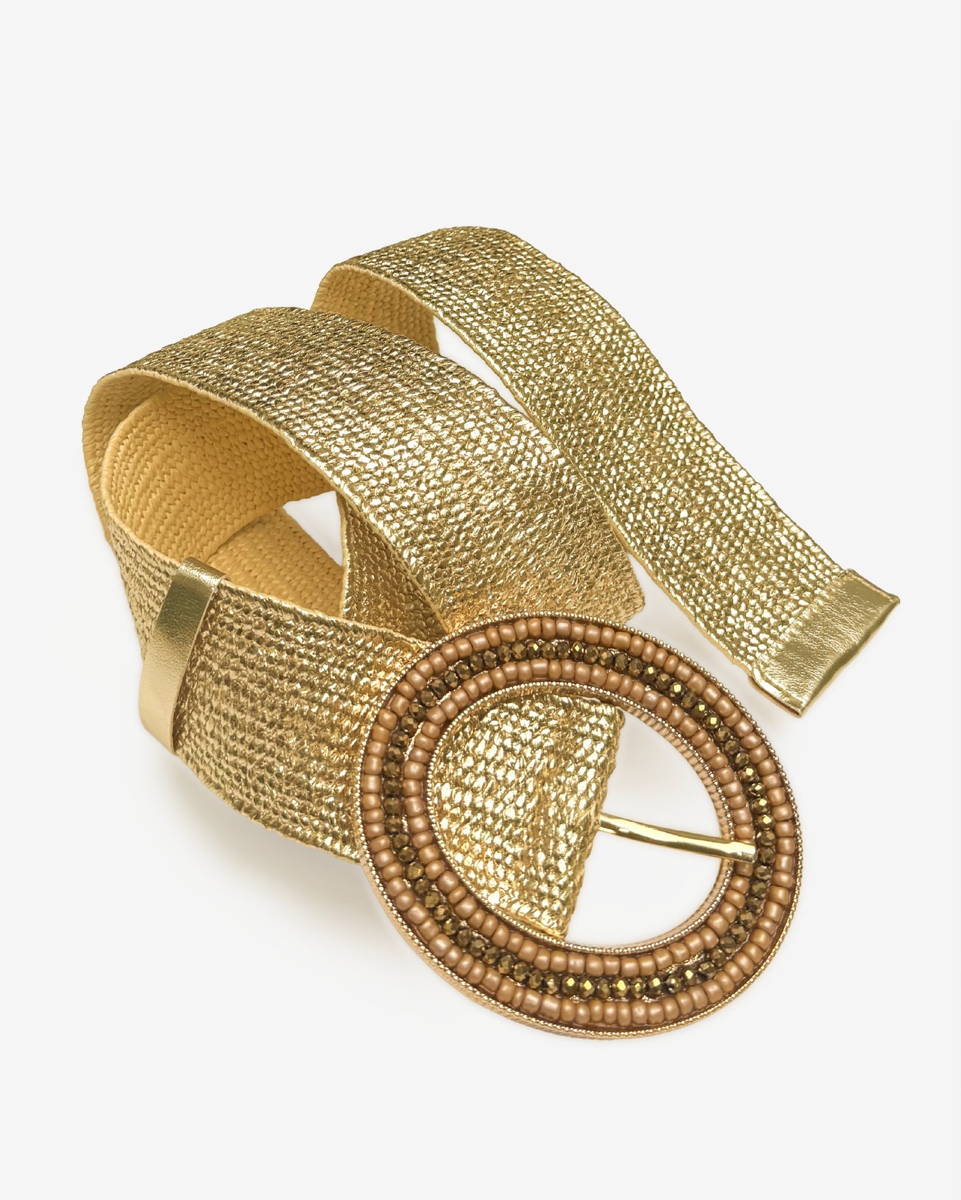 Beaded Circle Buckle Raffia Belt Natural