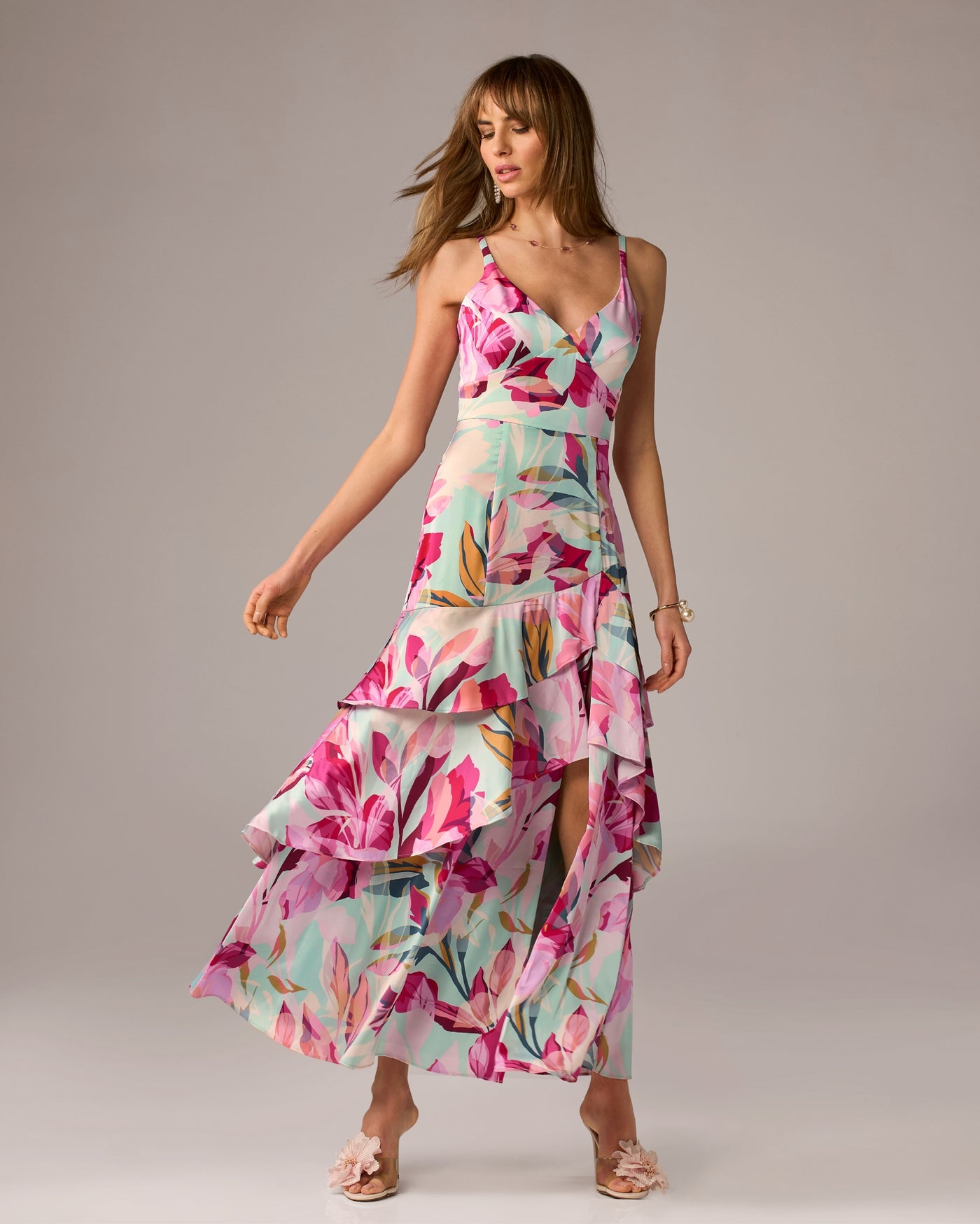 Ruffle Slit Printed Maxi Dress Multi