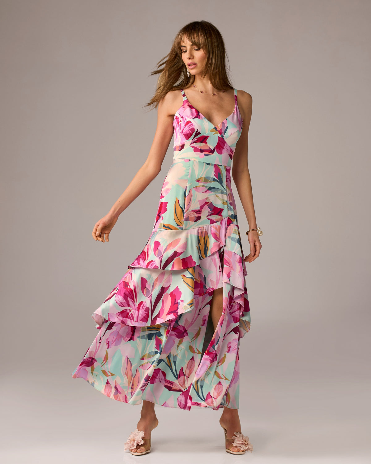 Ruffle Slit Printed Maxi Dress Multi
