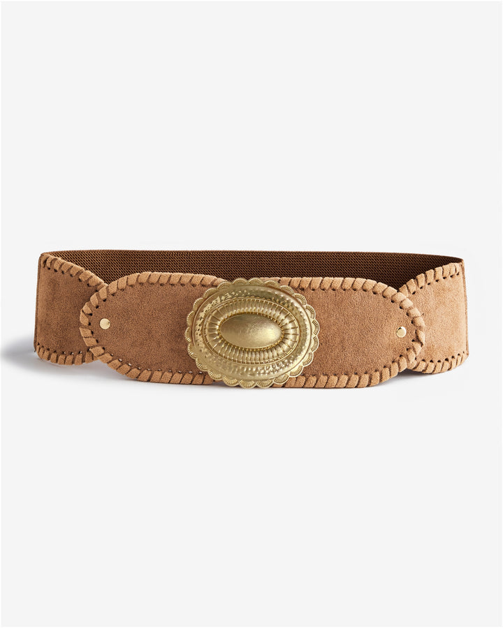 Boho Hammered Gold Buckle Suede Waist Belt Light Tan
