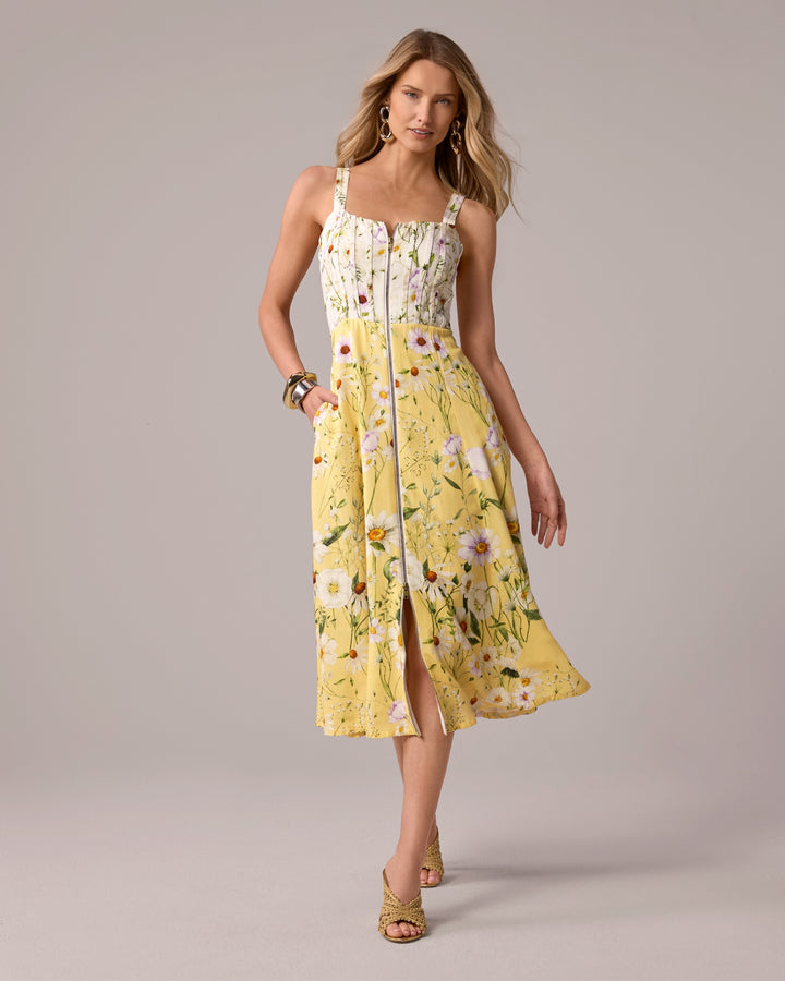 Print Zip Up Fit and Flare Midi Dress Daisy Daze