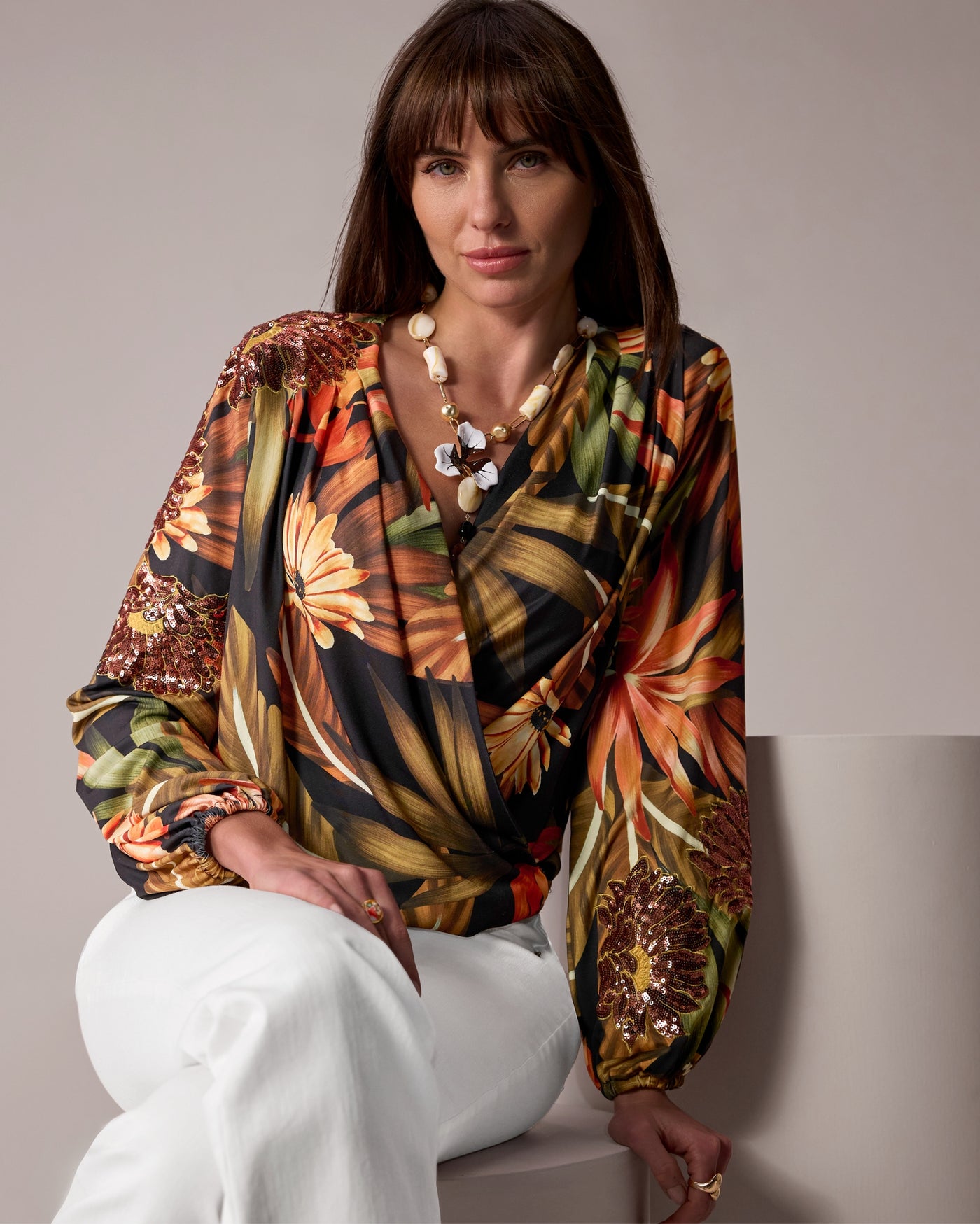 Printed Surplice with Floral Sequin Embroidery Exotic Paradise