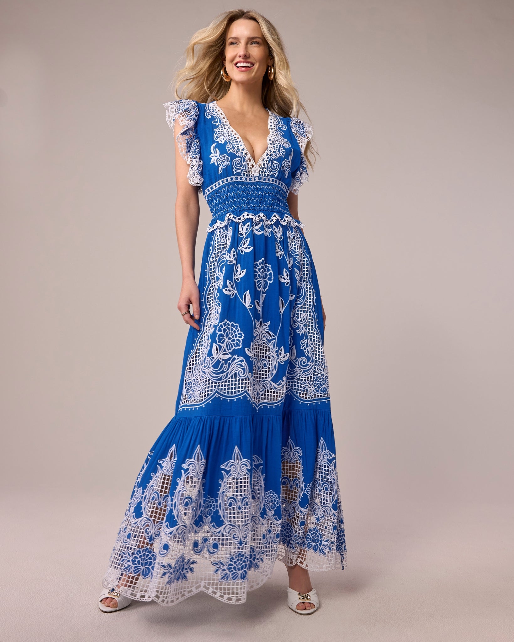 Boston Proper - Lapis Blue - Novelty Embroidered Tiered Maxi Dress