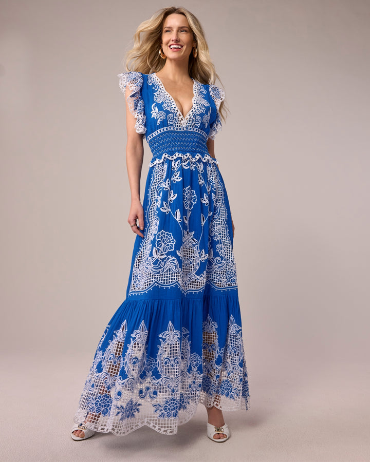 Novelty Embroidered Tiered Maxi Dress Lapis Blue