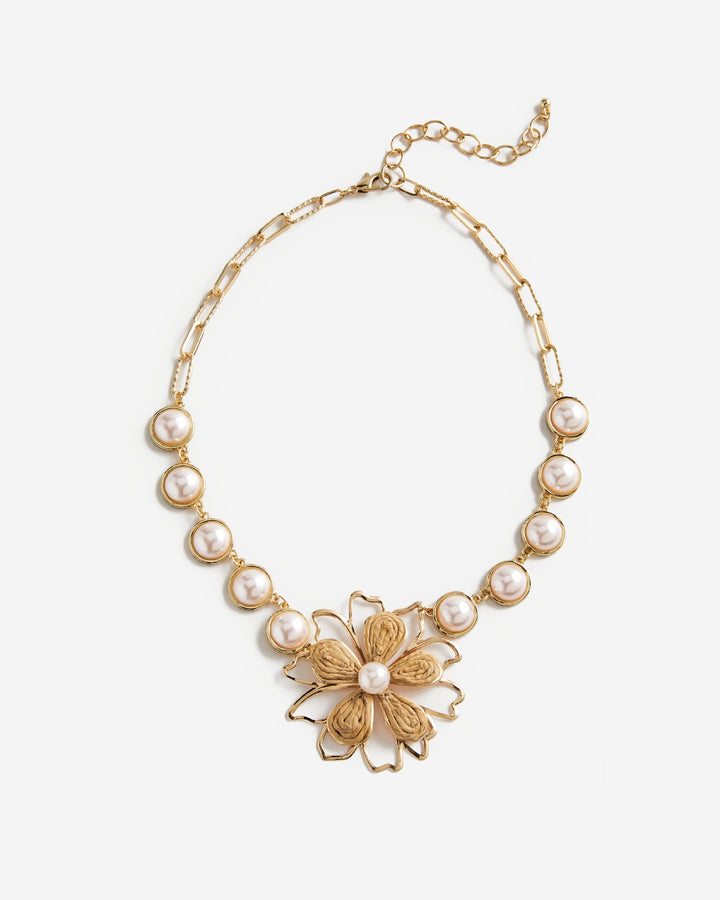 Pearl Raffia Flower Statement Necklace Gold/White