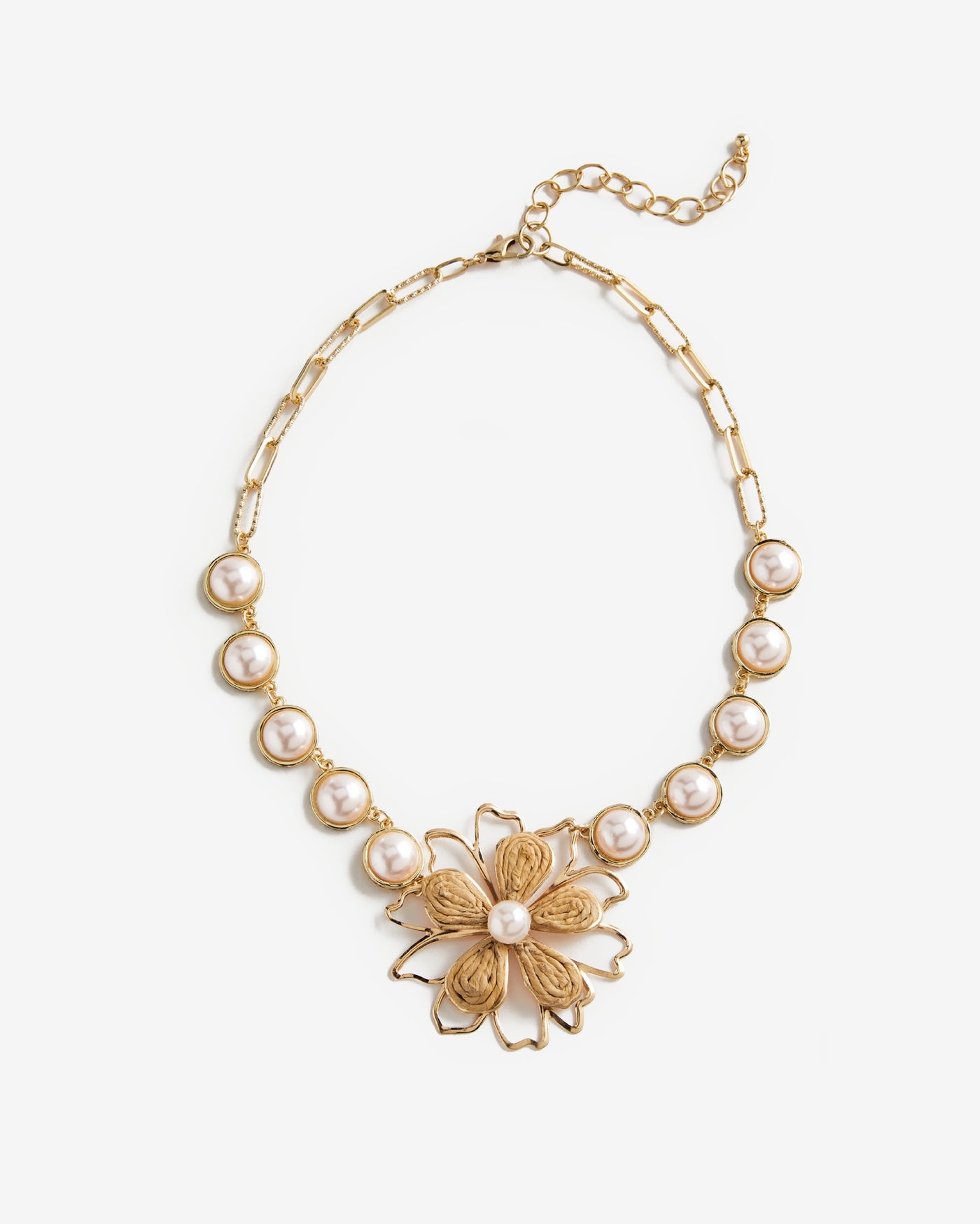 Pearl Raffia Flower Statement Necklace Gold/White