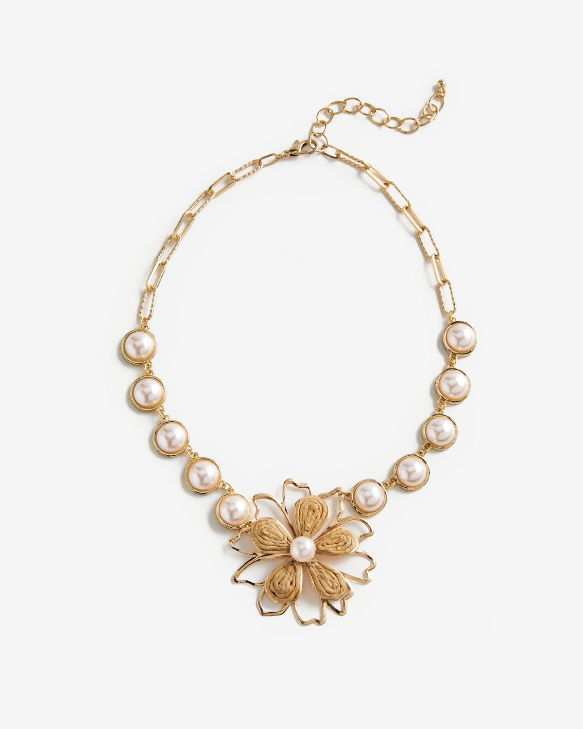 Pearl Raffia Flower Statement Necklace Gold/White