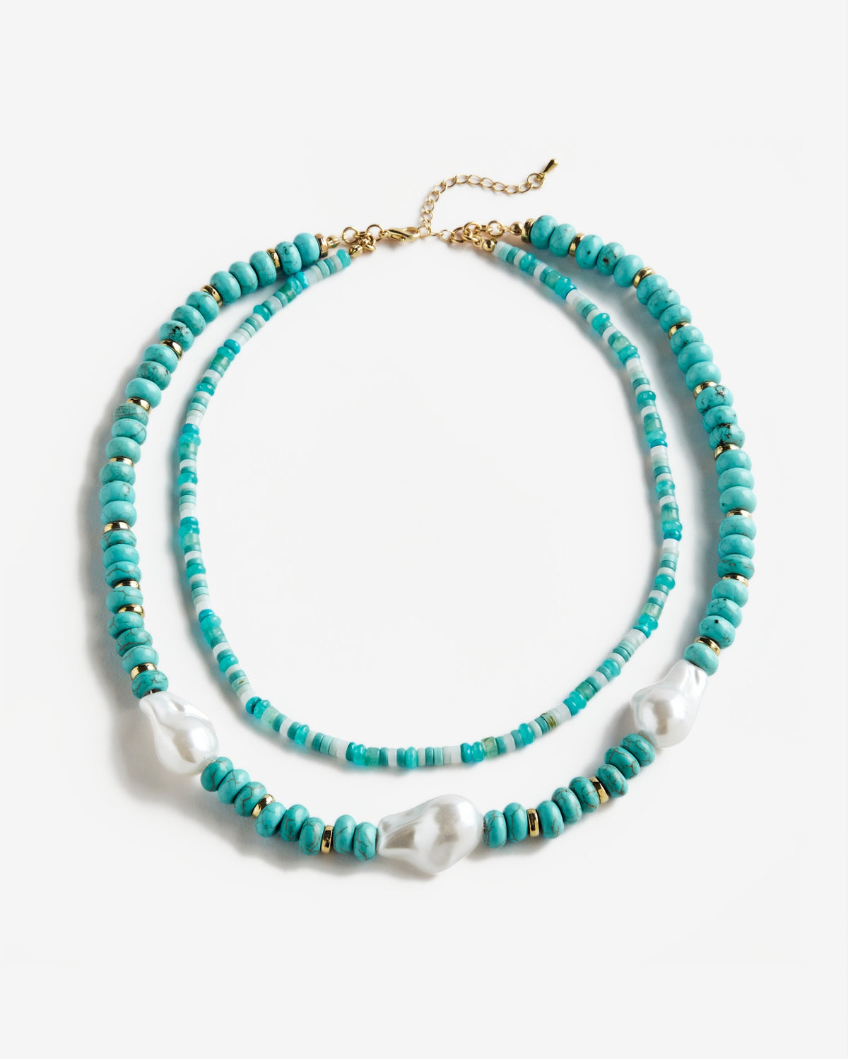 Double Strand Turquoise and Pearl Beaded Necklace Turquoise