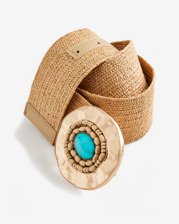 Turquoise Stone Raffia Belt Natural/Turquoise