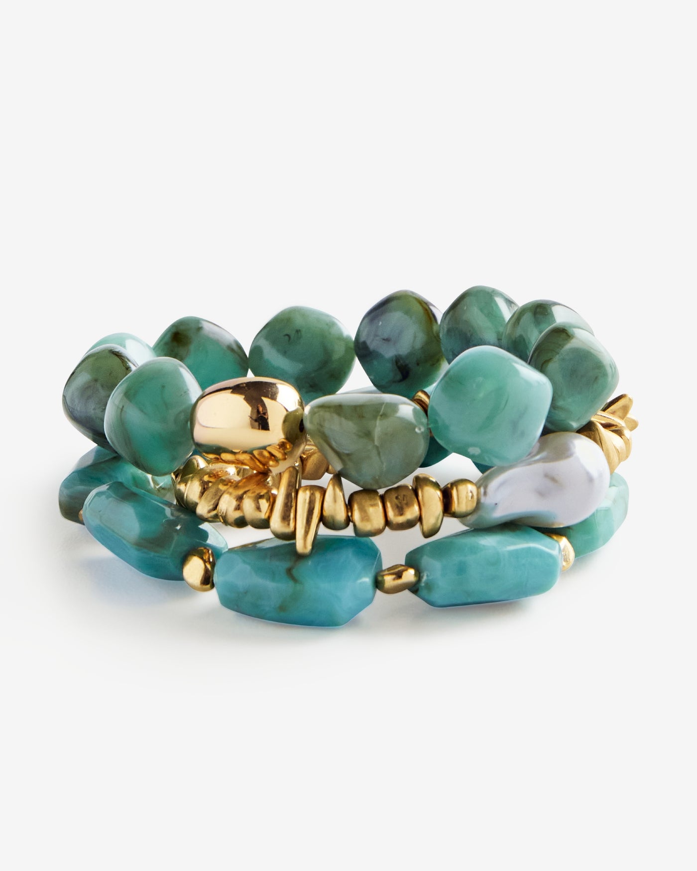 Turquoise Bead and Pearl Bracelet Set Turquoise/Gold