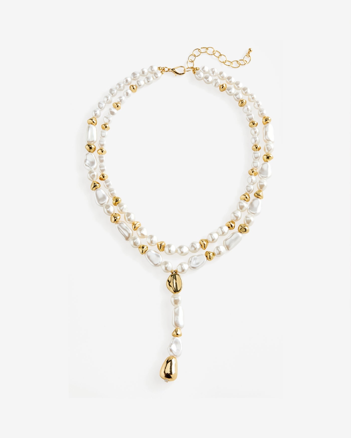 Double Strand Pearl Gold Bead Necklace Gold/White