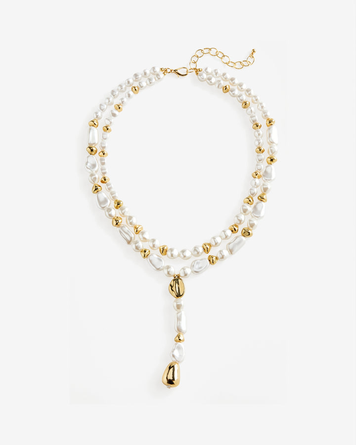 Double Strand Pearl Gold Bead Necklace Gold/White