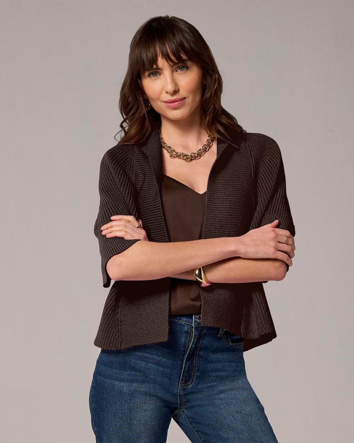 Open Front Rib Stitch Shrug Safari Brown