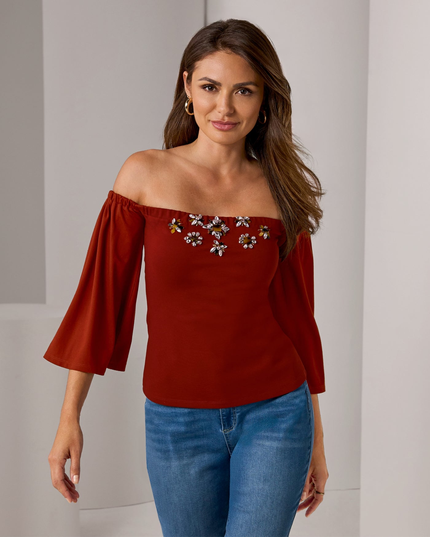 Rhinestone Embellished Off Shoulder Knit Top Madder Brown
