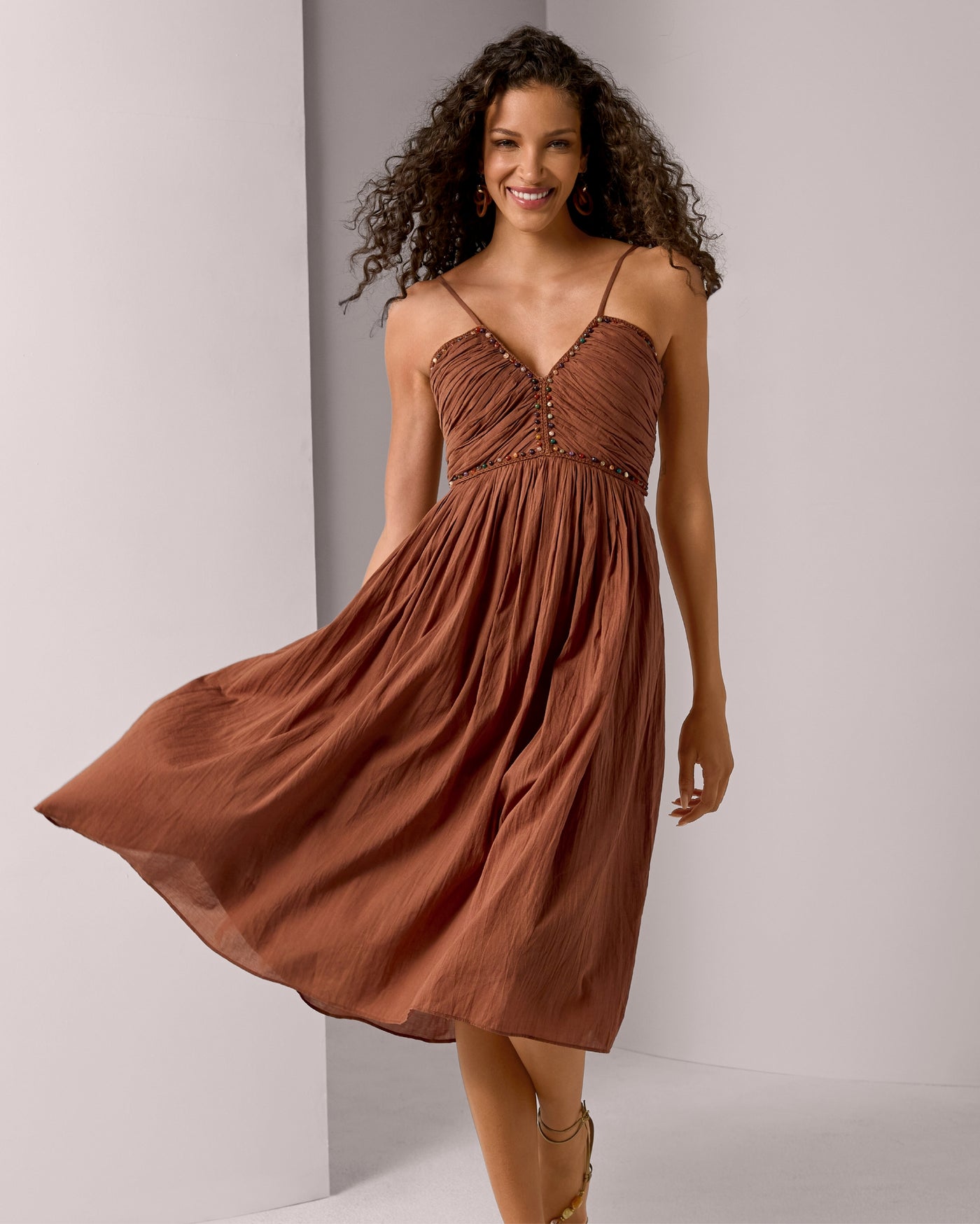 Beaded Ruched Babydoll Dress Tortoise Shell