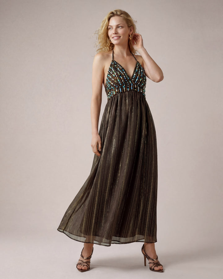 Beaded Halter Maxi Dress Safari Brown