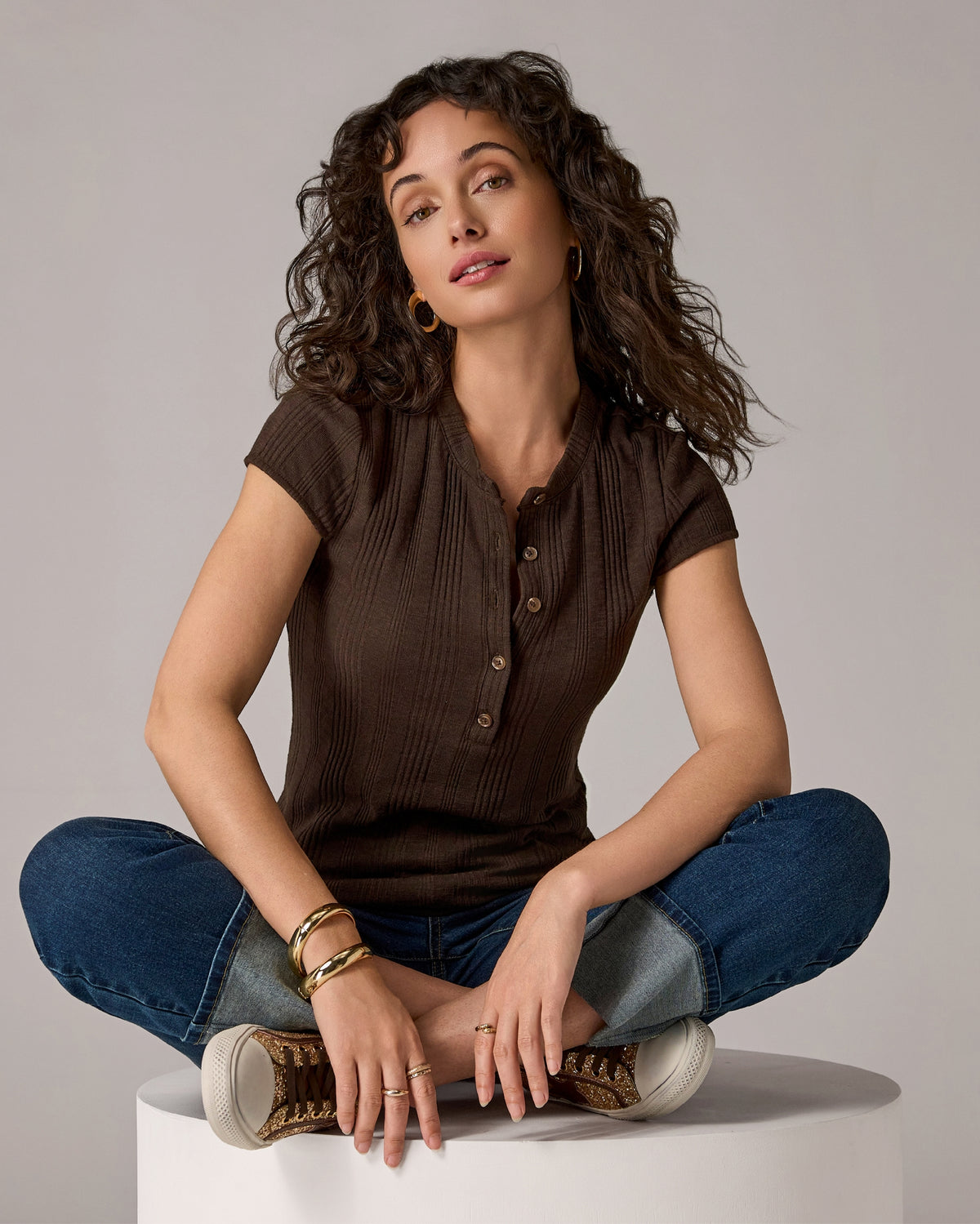 Variegated Rib Knit Short Sleeve Henley Safari Brown