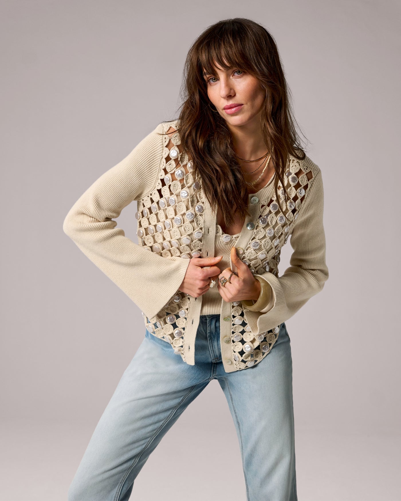 Fresh Water Pearl Crochet Cardigan Sandshell