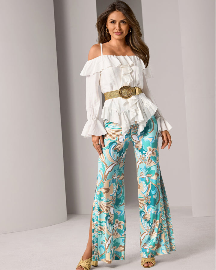 Border Abstract Print Side Slit Pant Agua Abstract