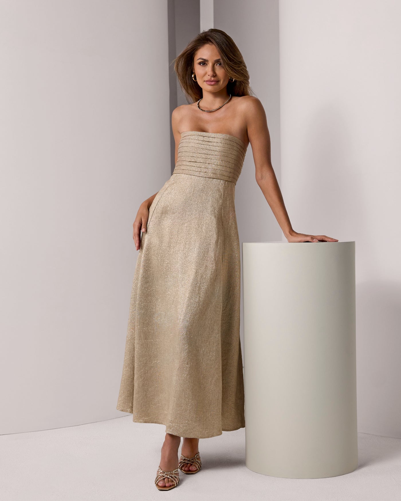Metallic Linen Pleated Strapless Dress Metallic Gold