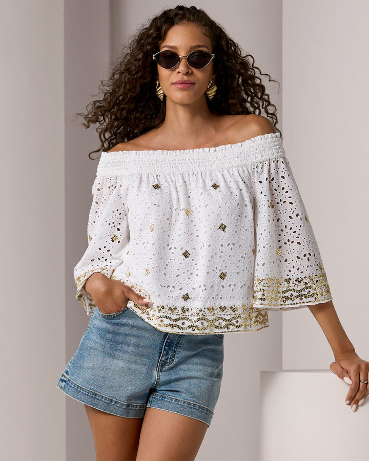 Off The Shoulder Novelty Embroidered Eyelet Top White/Gold
