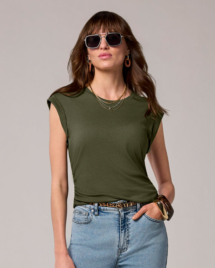 Crew Neck Shirred T- Shirt Olive Night
