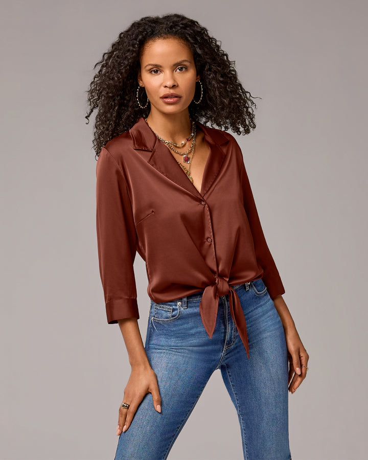 Charmeuse Notched Collar Tie Front Shirt Madder Brown