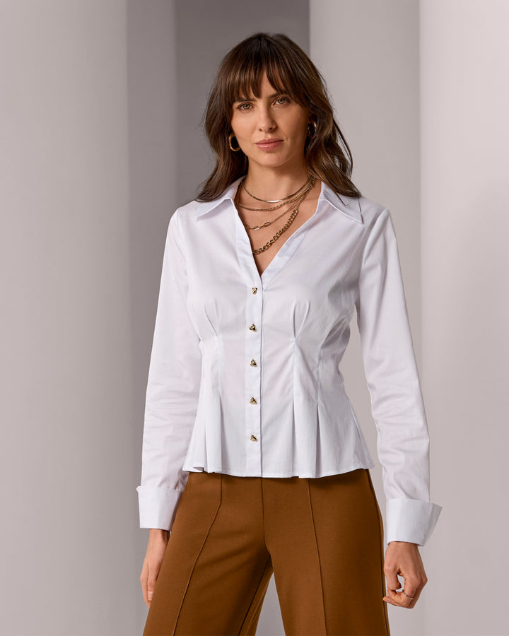 Poplin Pleated Gold Knot Button Shirt White
