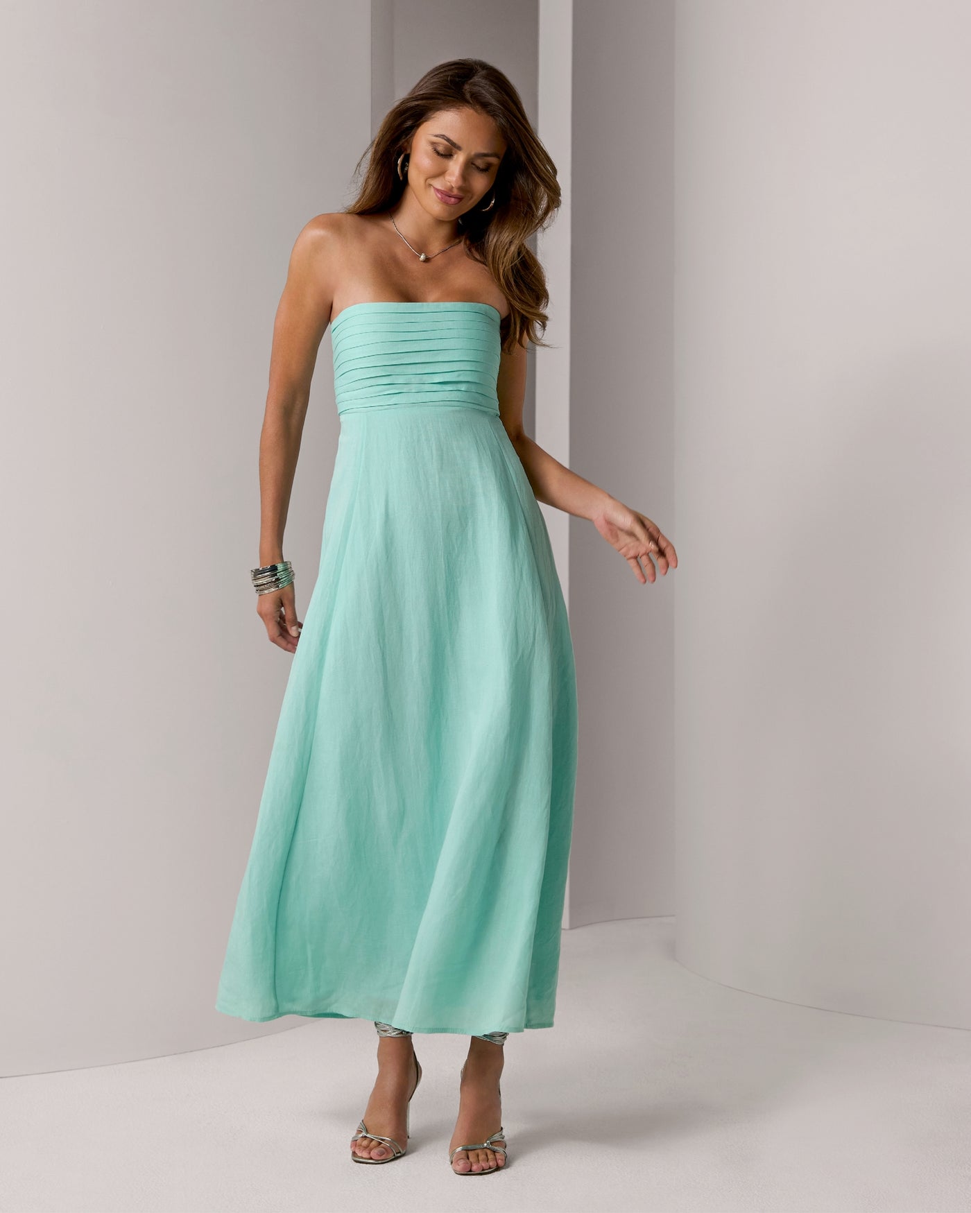 Linen Pleated Strapless Dress Beach Glass
