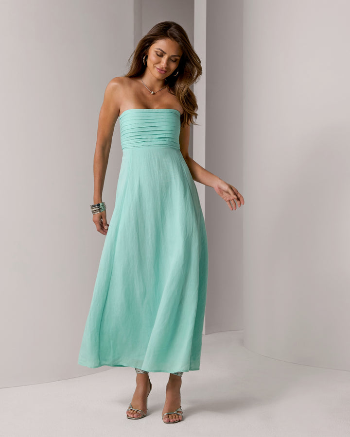 Linen Pleated Strapless Dress Beach Glass