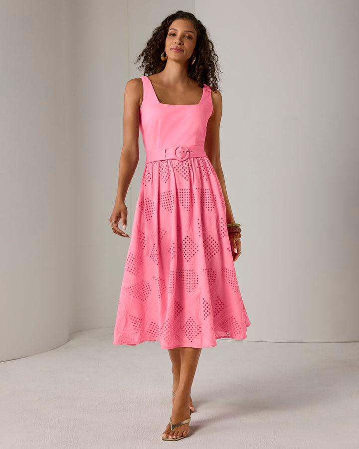 Belted Novelty Eyelet Midi Dress Sachet Pink
