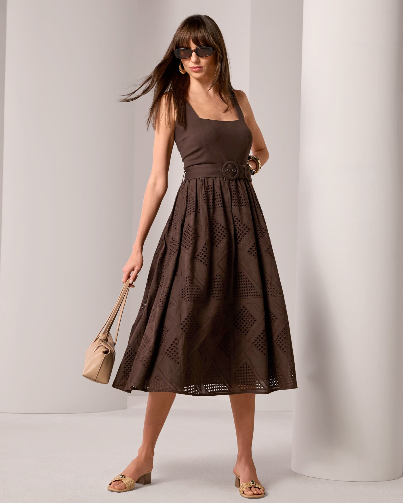 Belted Novelty Eyelet Midi Dress Chocolate Torte