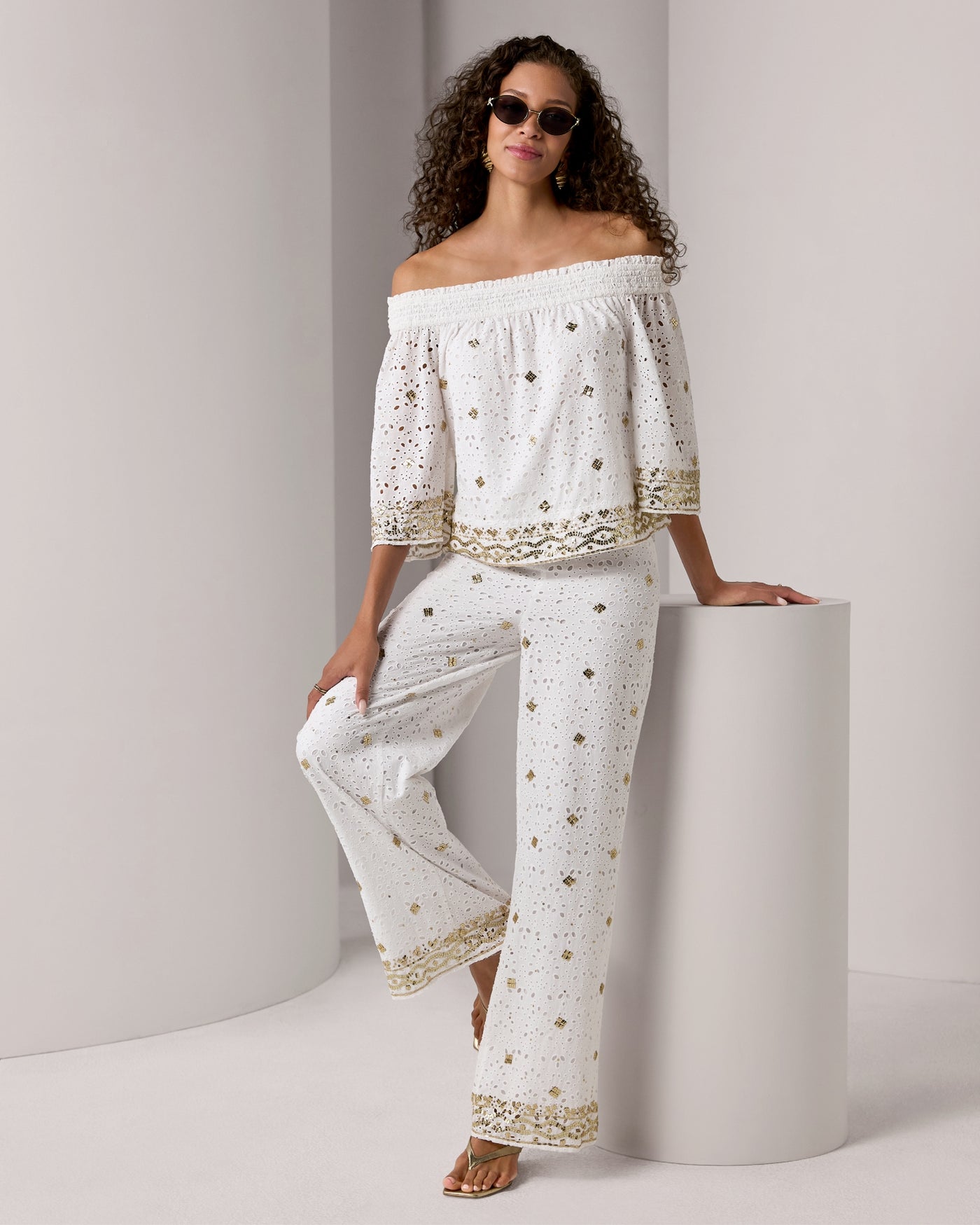 Sequin Eyelet Pant White/Gold