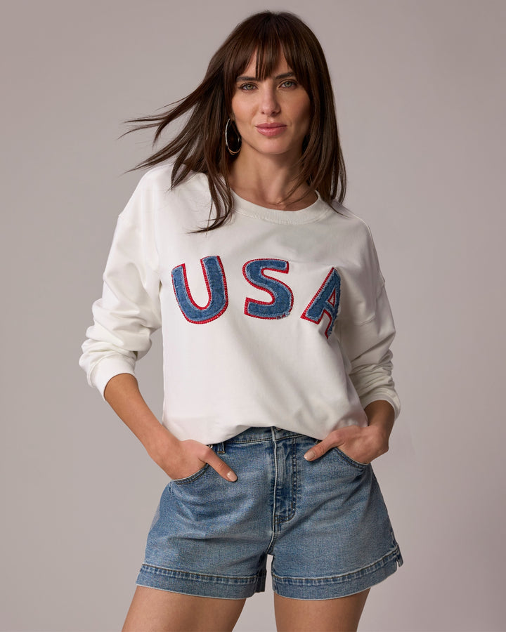 Crew Neck Long Sleeve USA Embroidered Sweatshirt Off White Multi