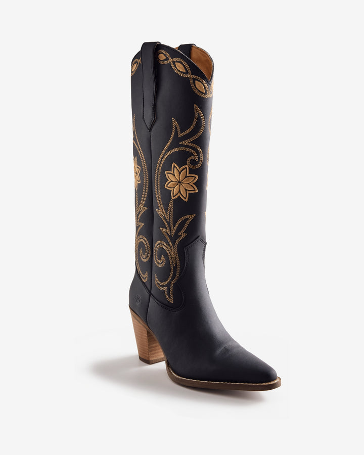 Flower Embroidered Cowboy Boot Black