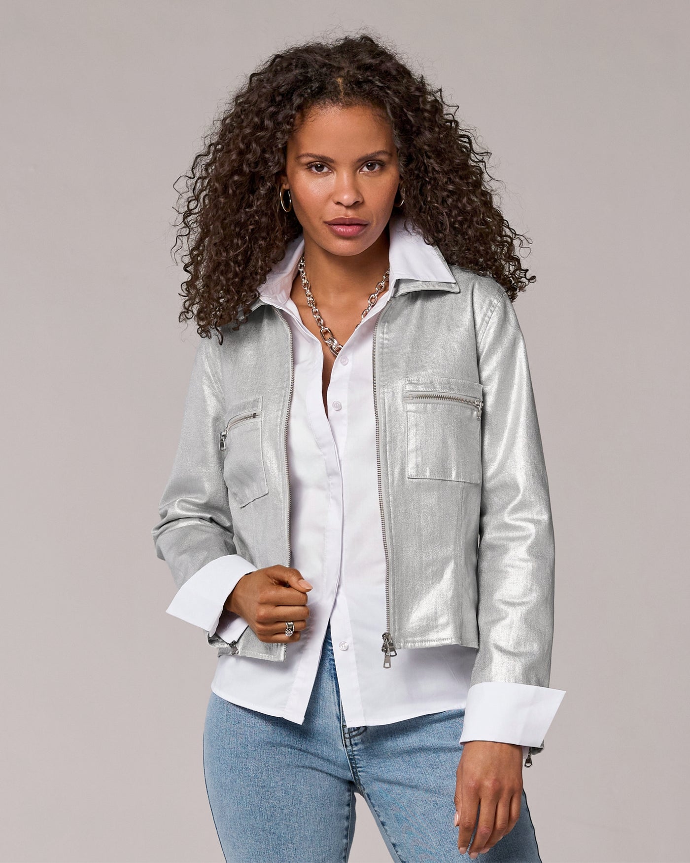 Cropped Zip Front Coated Denim Jacket Silver Metallic