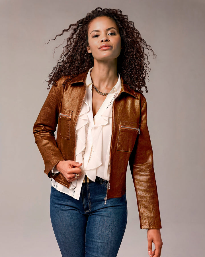 Cropped Zip Front Coated Denim Jacket Bronze Metallic